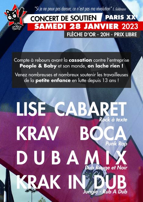 Concert soutien CNT People & Baby 28 janvier 2023 Krav Boca Dubamix Lise Cabaret Krak in Dub